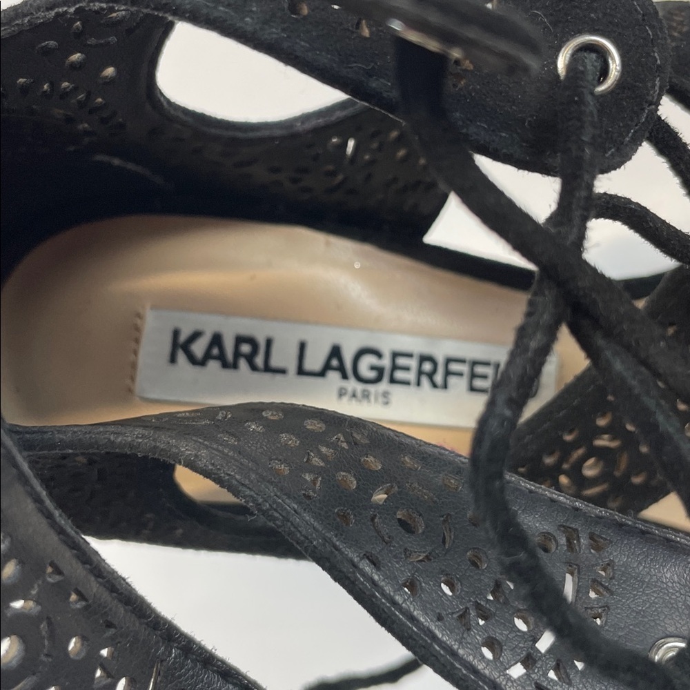 Karl Lagerfeld Paris Black Suede Laser Cut Lace Up Heels Womens Sz 8 - Picture 7 of 10